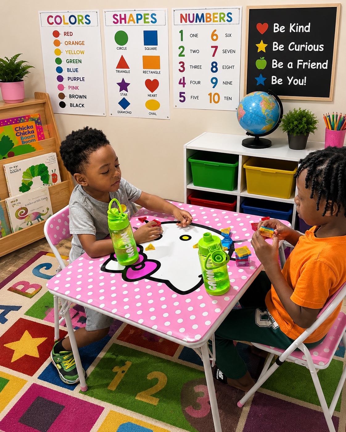 Two Raves Tutoring scholars exploring shapes together during a hands-on learning activity