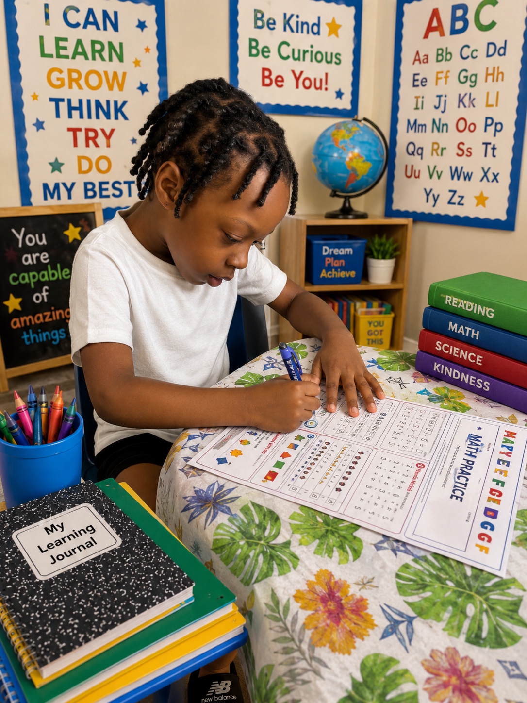 A Raves Tutoring scholar completing a colorful mathematics practice worksheet