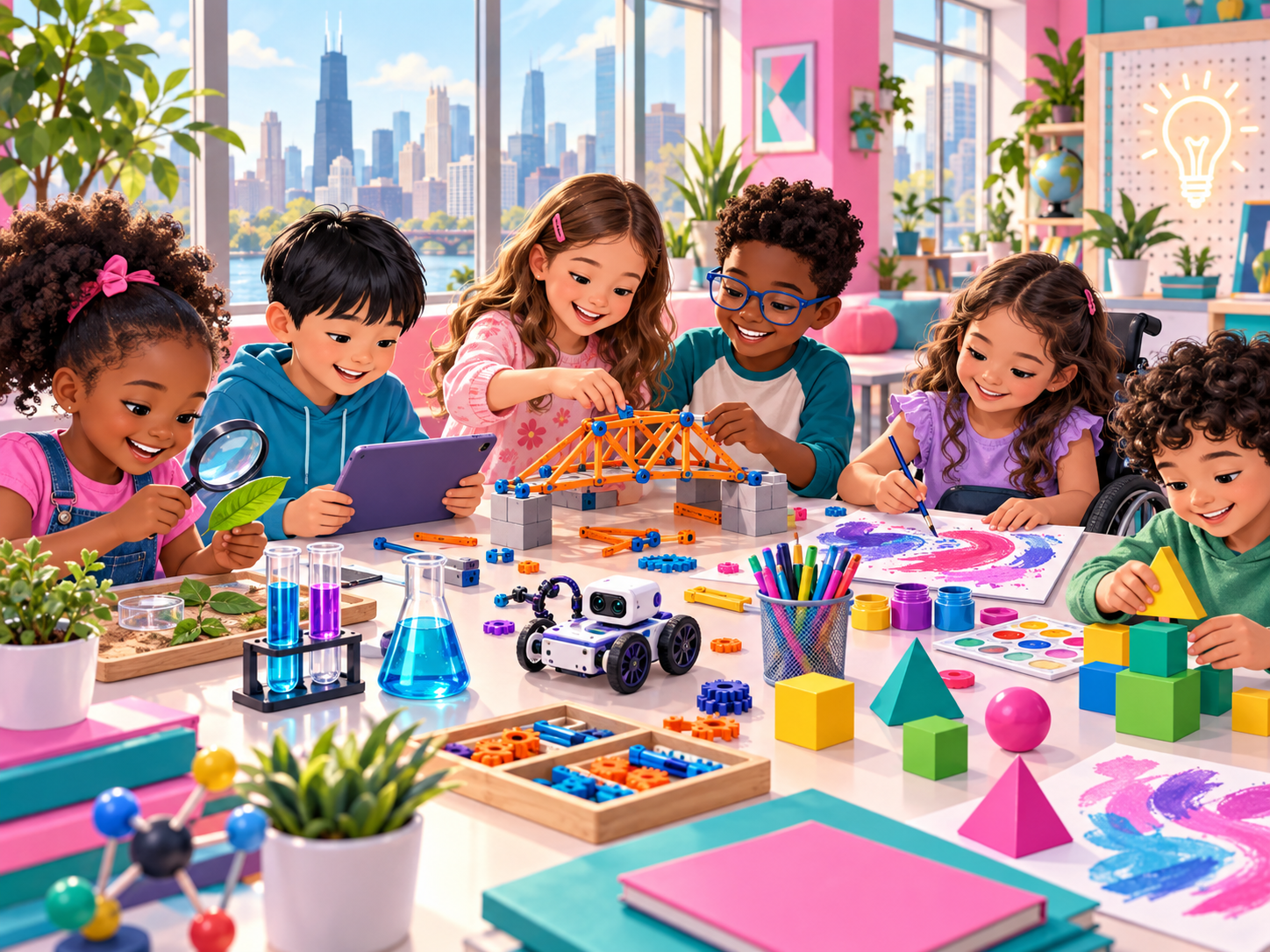 Children exploring science, technology, engineering, art, and math together