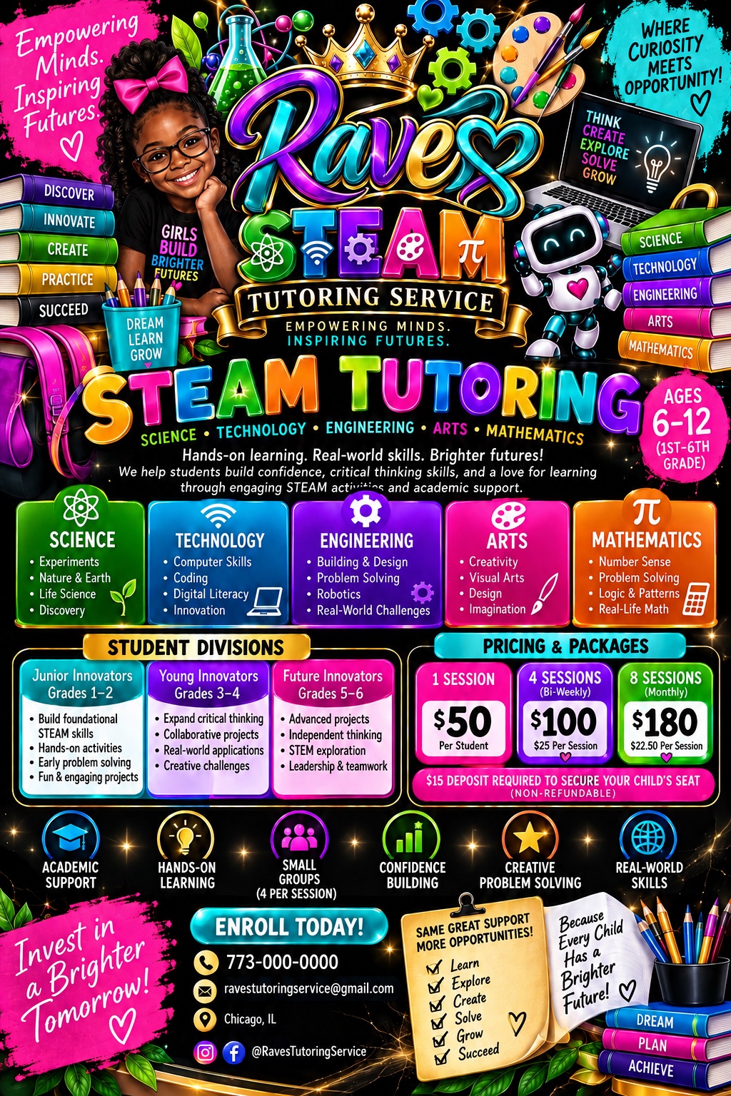 Raves STEAM Tutoring program flyer with subjects, student divisions, benefits, and package pricing